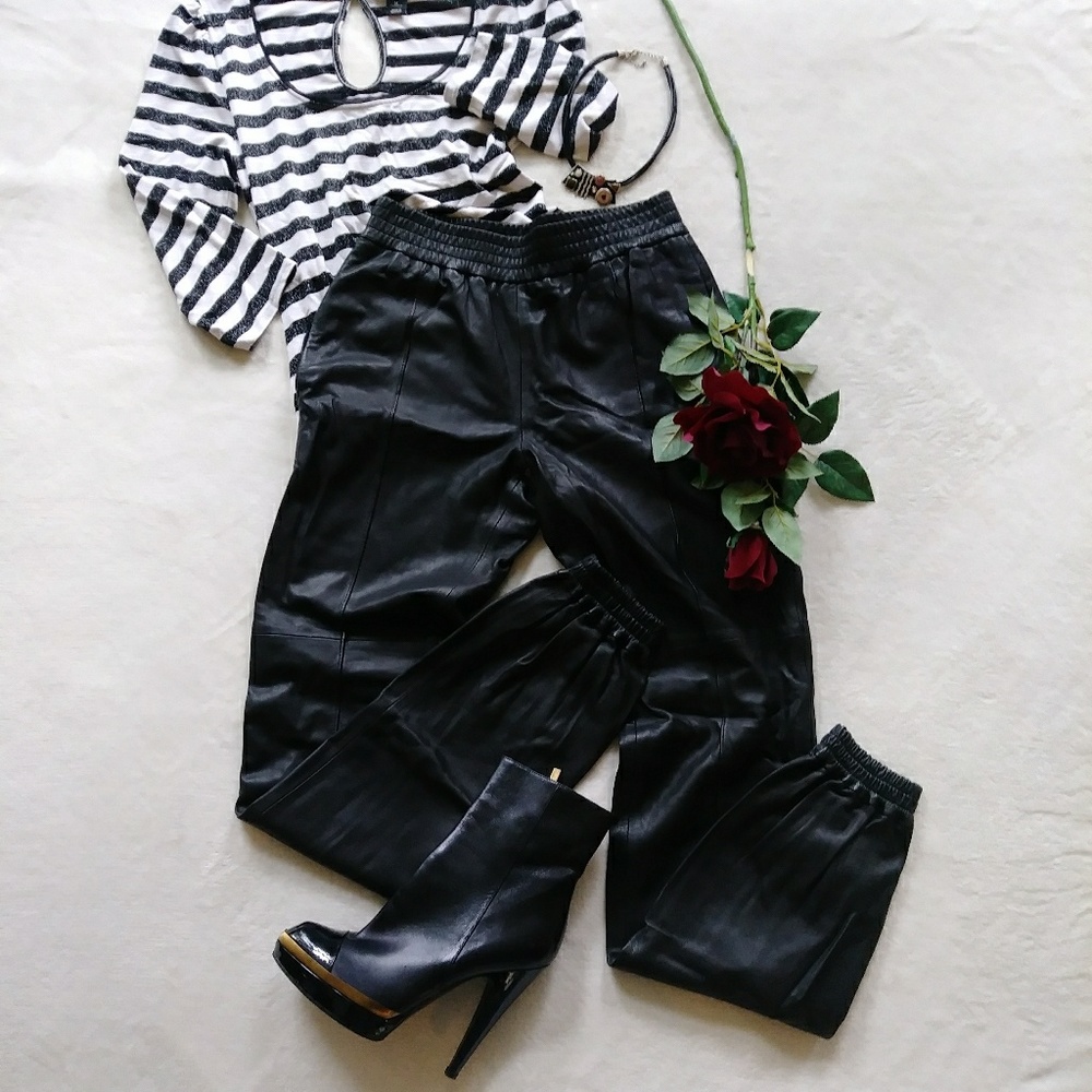 SALE! JOSEPH Sz M Sexy Black Leather Joggers Pants - Picture 1 of 8